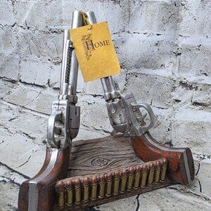 Gun Revolver Western Style Business Card Holder Appx 7 x 7.5 Inches